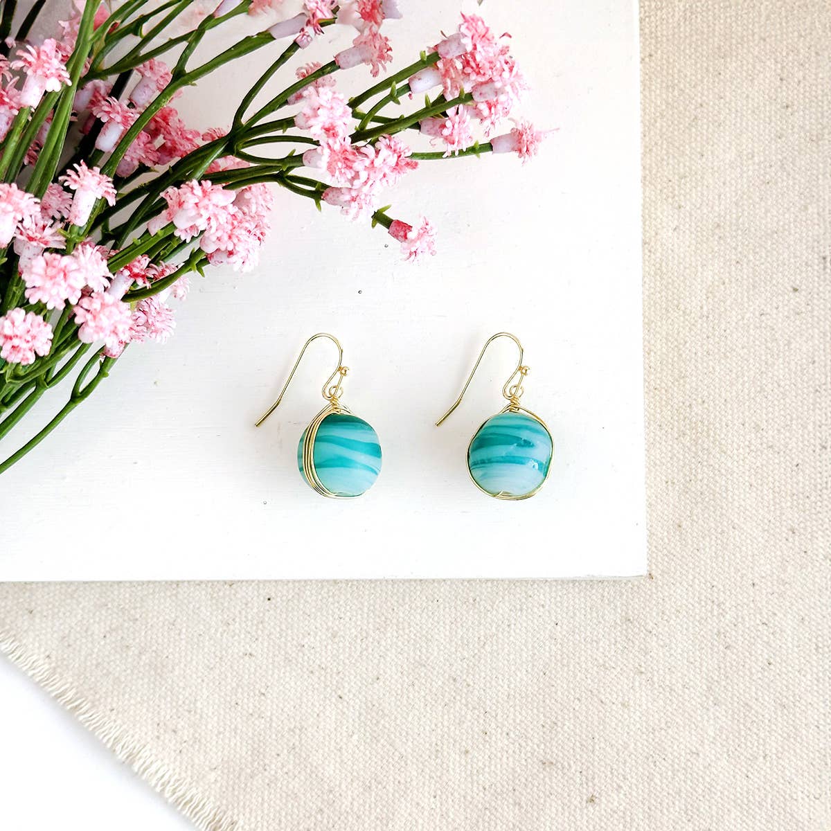 Marbled Glass Drop Earrings (Teal)