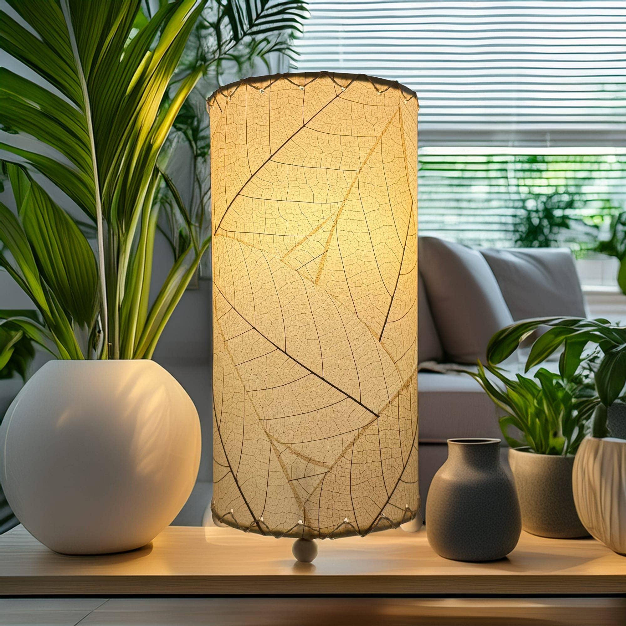 12 Inch Cocoa Leaf Cylinder Lamp Natural, Shade Real Leaves