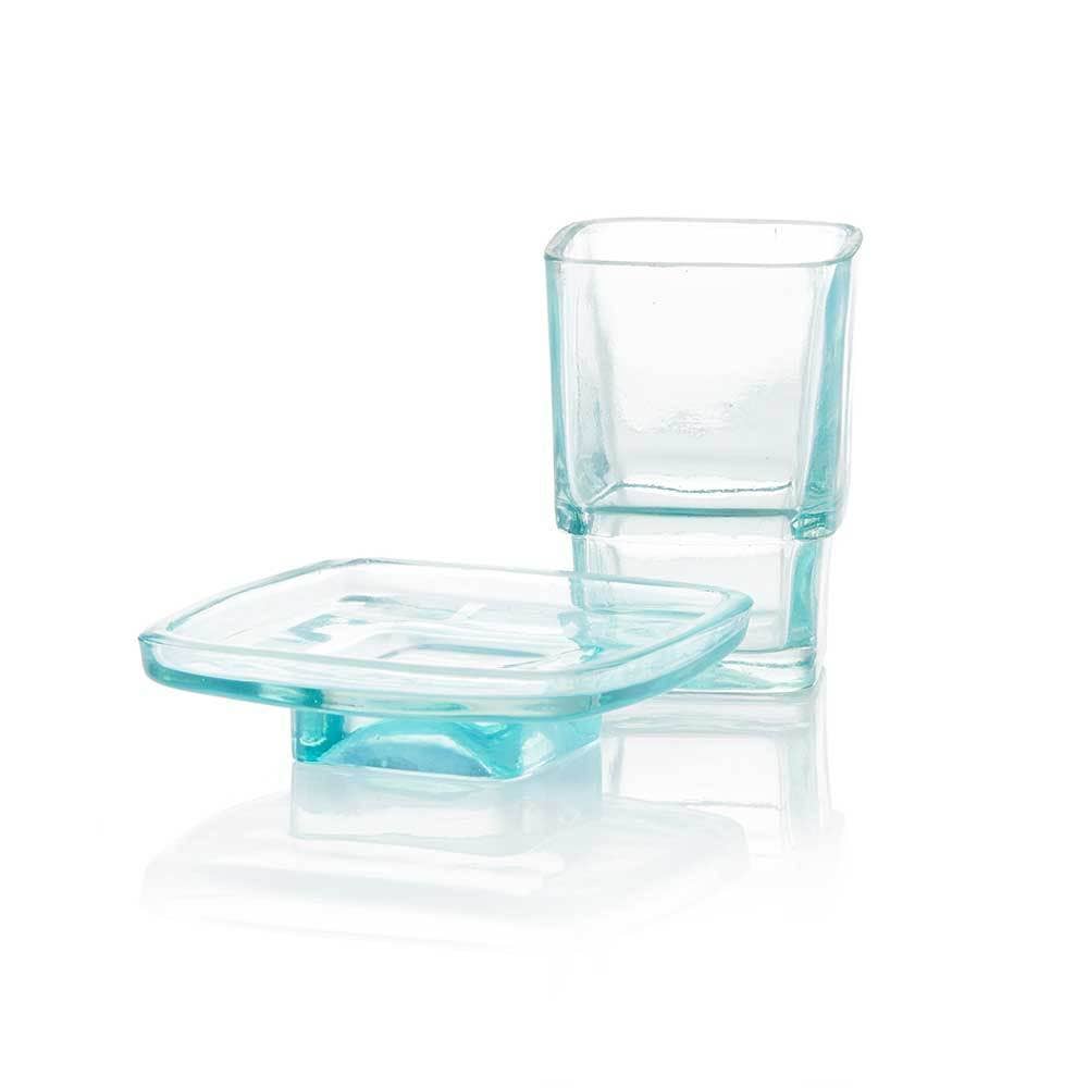 Teal Recycled Glass Cup &amp; Dish Bathroom Set