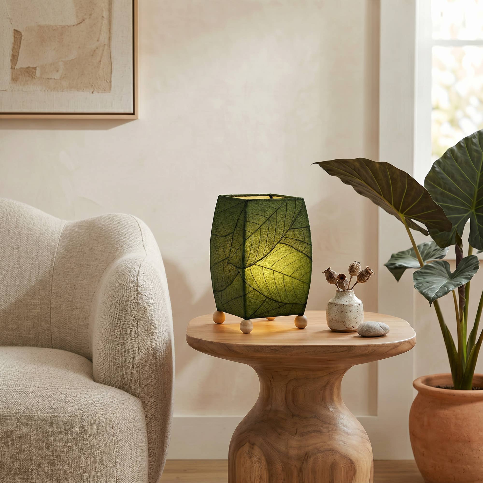 Mini Square Cocoa Leaf Lamp Green, Shade Real Leaves