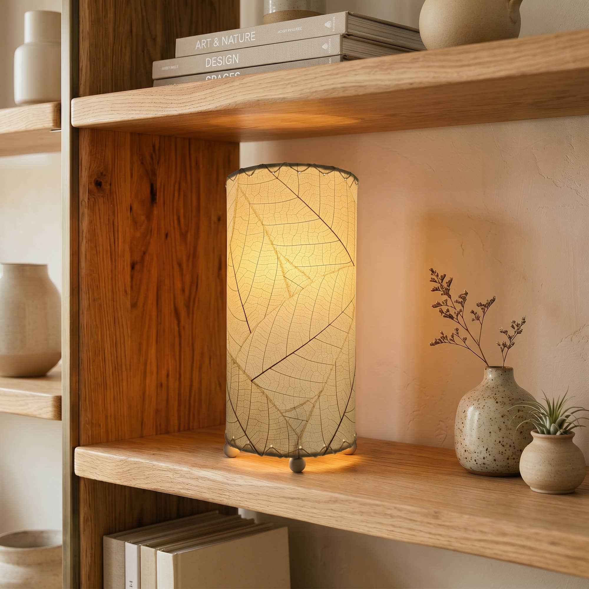 12 Inch Cocoa Leaf Cylinder Lamp Natural, Shade Real Leaves