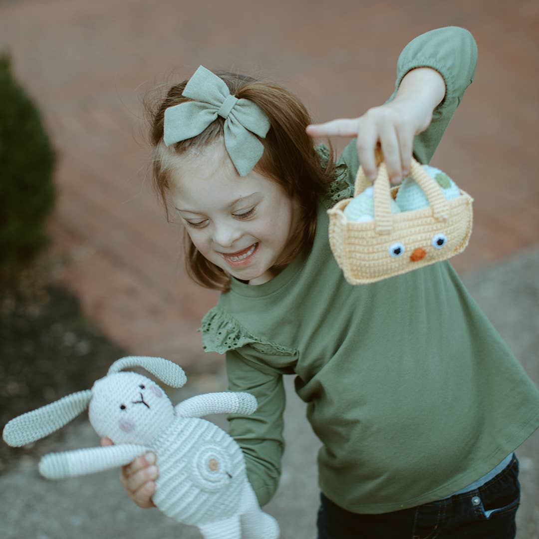 Organic Bunny Baby Rattle – Cream with Teal Belly Spot