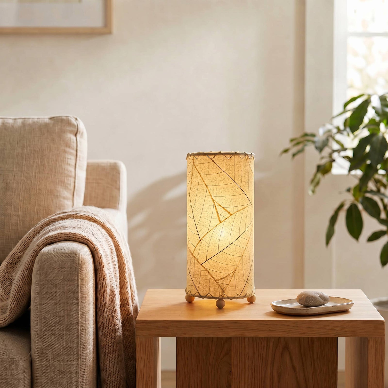 12 Inch Cocoa Leaf Cylinder Lamp Natural, Shade Real Leaves