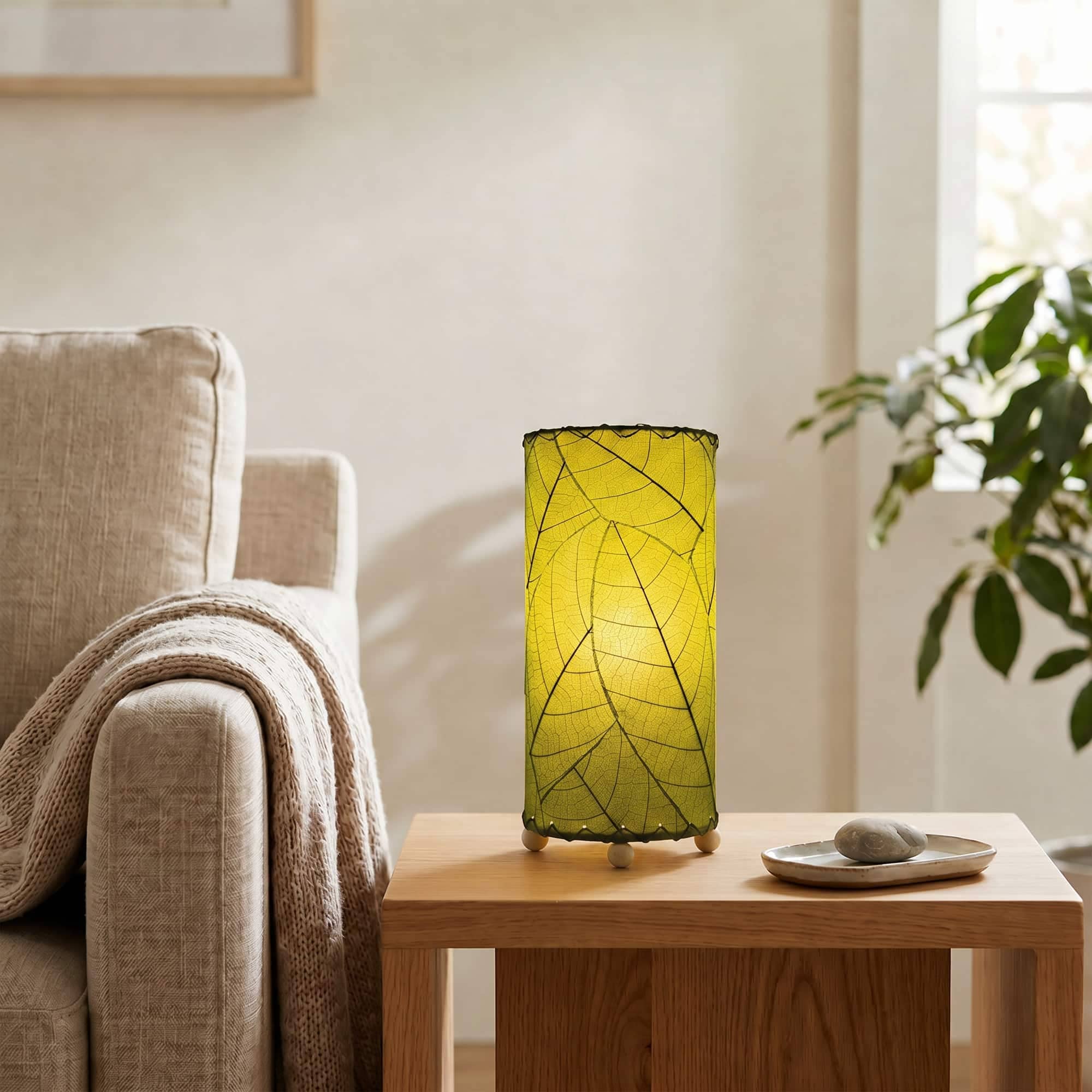 12 Inch Cocoa Leaf Cylinder Lamp Green, Shade Real Leaves