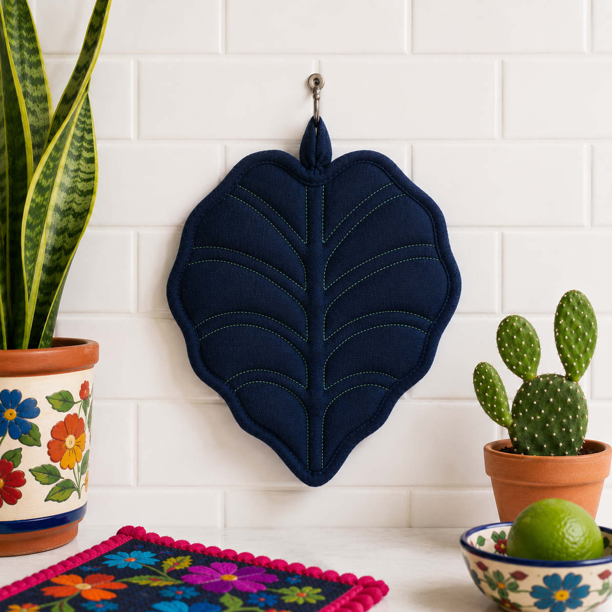 Navy Canopy Leaf Potholder - Frida-Inspired Kitchen Decor