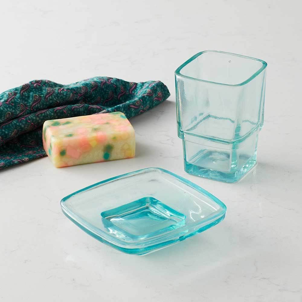 Teal Recycled Glass Cup &amp; Dish Bathroom Set