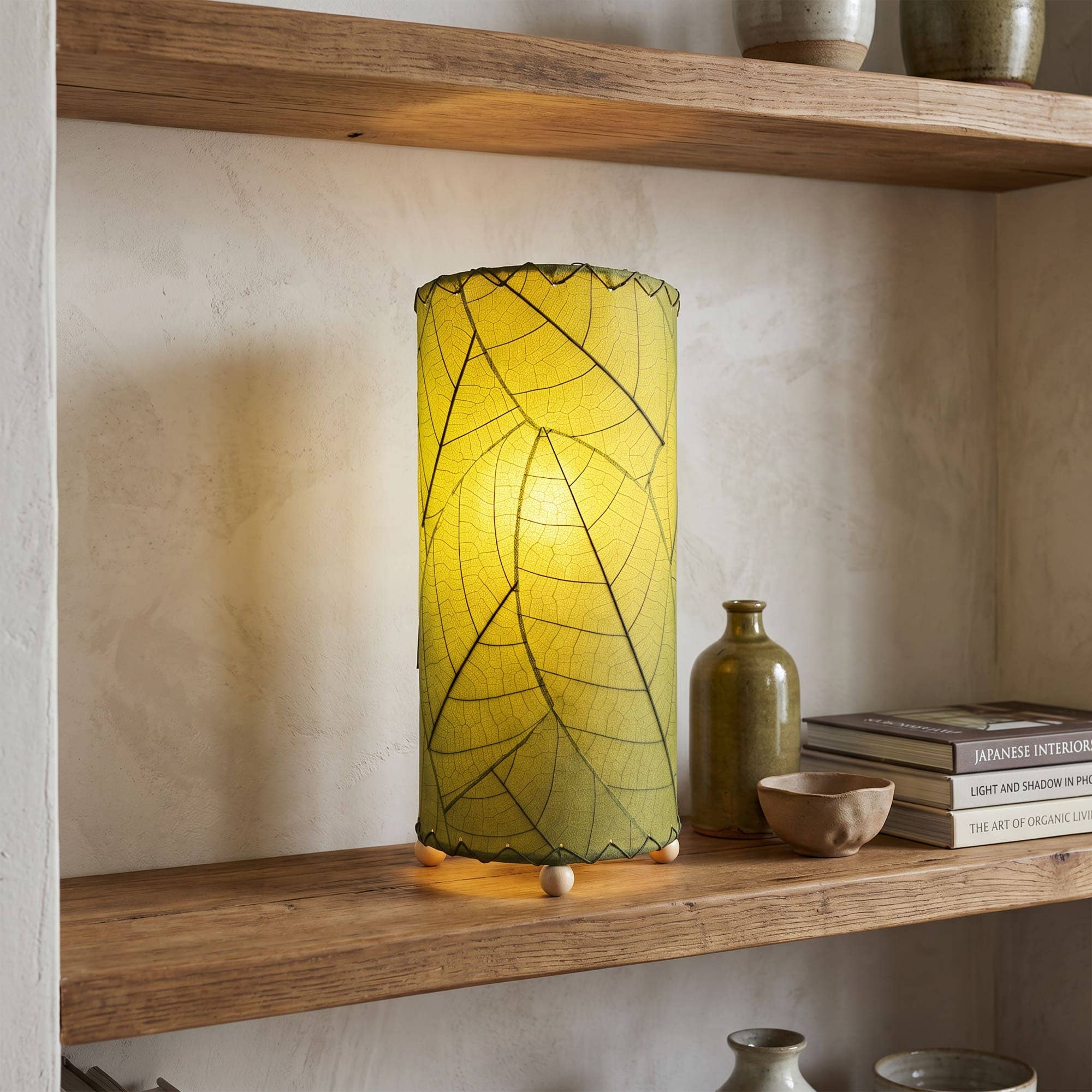 12 Inch Cocoa Leaf Cylinder Lamp Green, Shade Real Leaves
