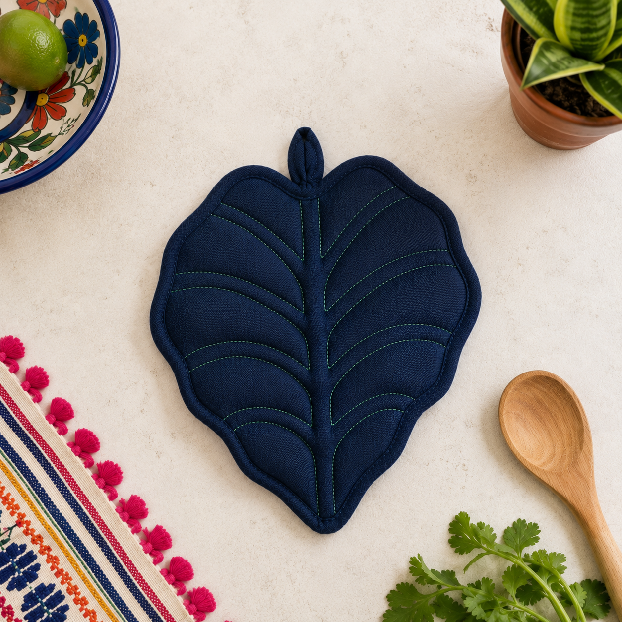 Navy Canopy Leaf Potholder - Frida-Inspired Kitchen Decor