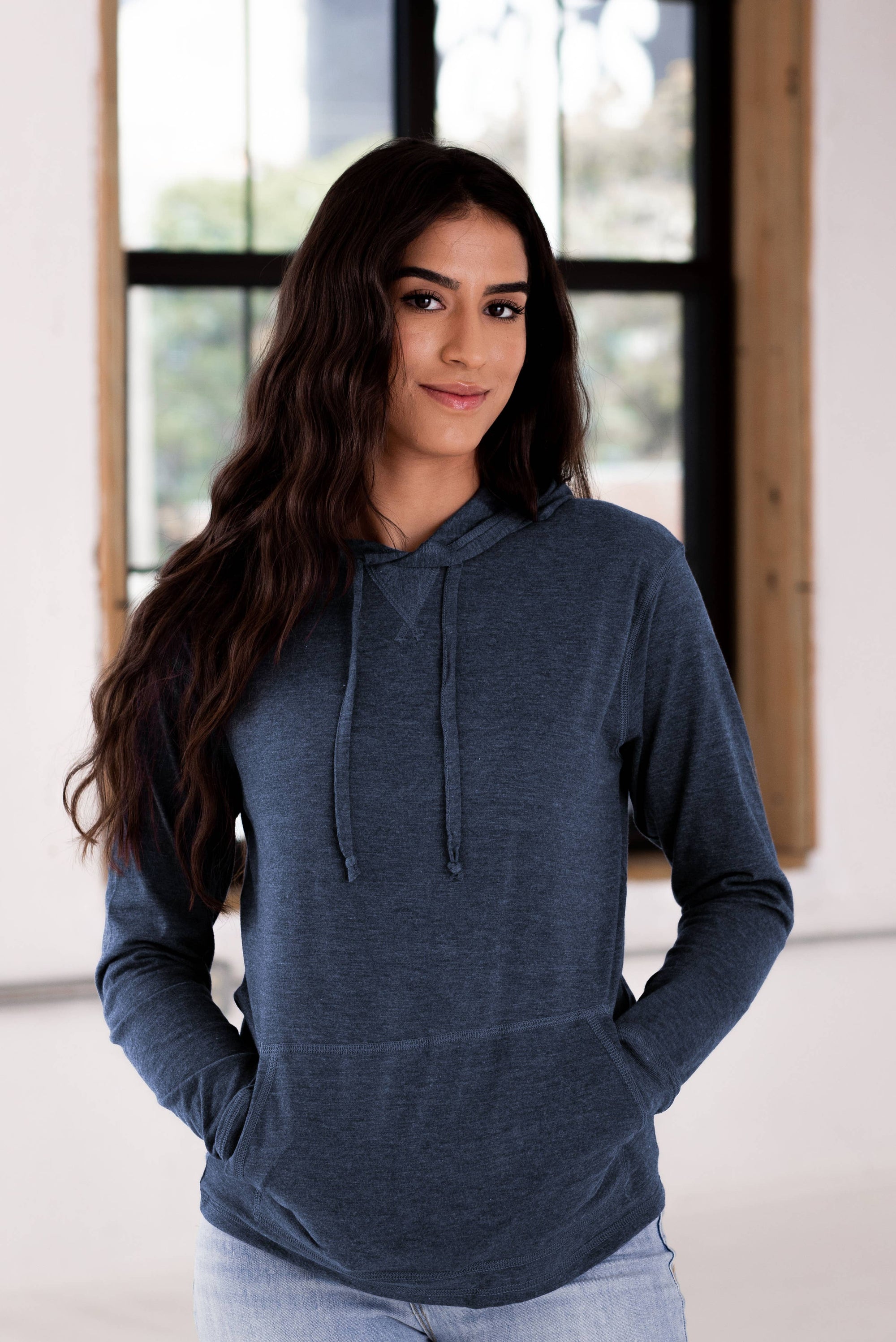 Unisex Hooded Long Sleeve Triblend Tee: Navy / 2X