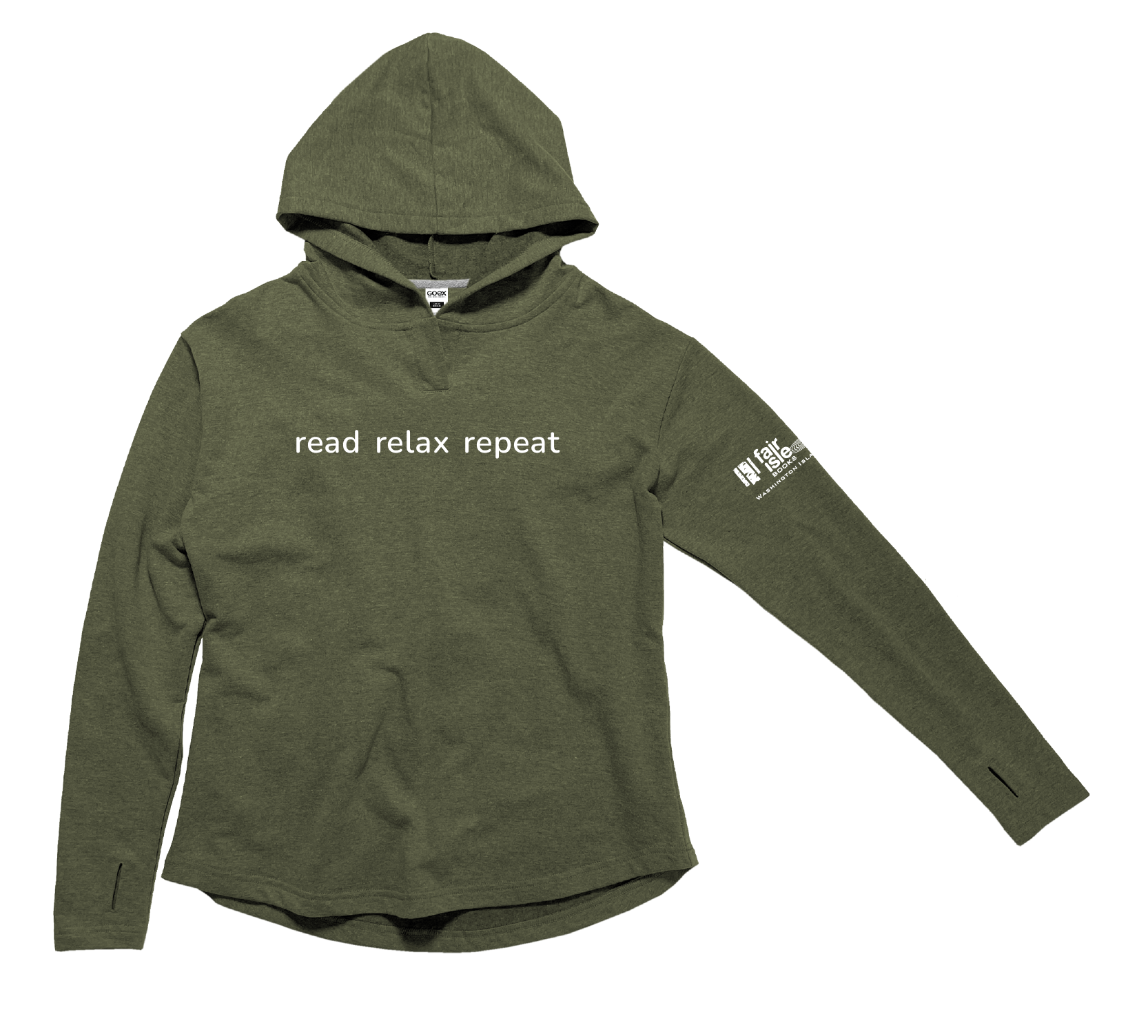 read relax repeat olive weekender fleece = ladies sizing