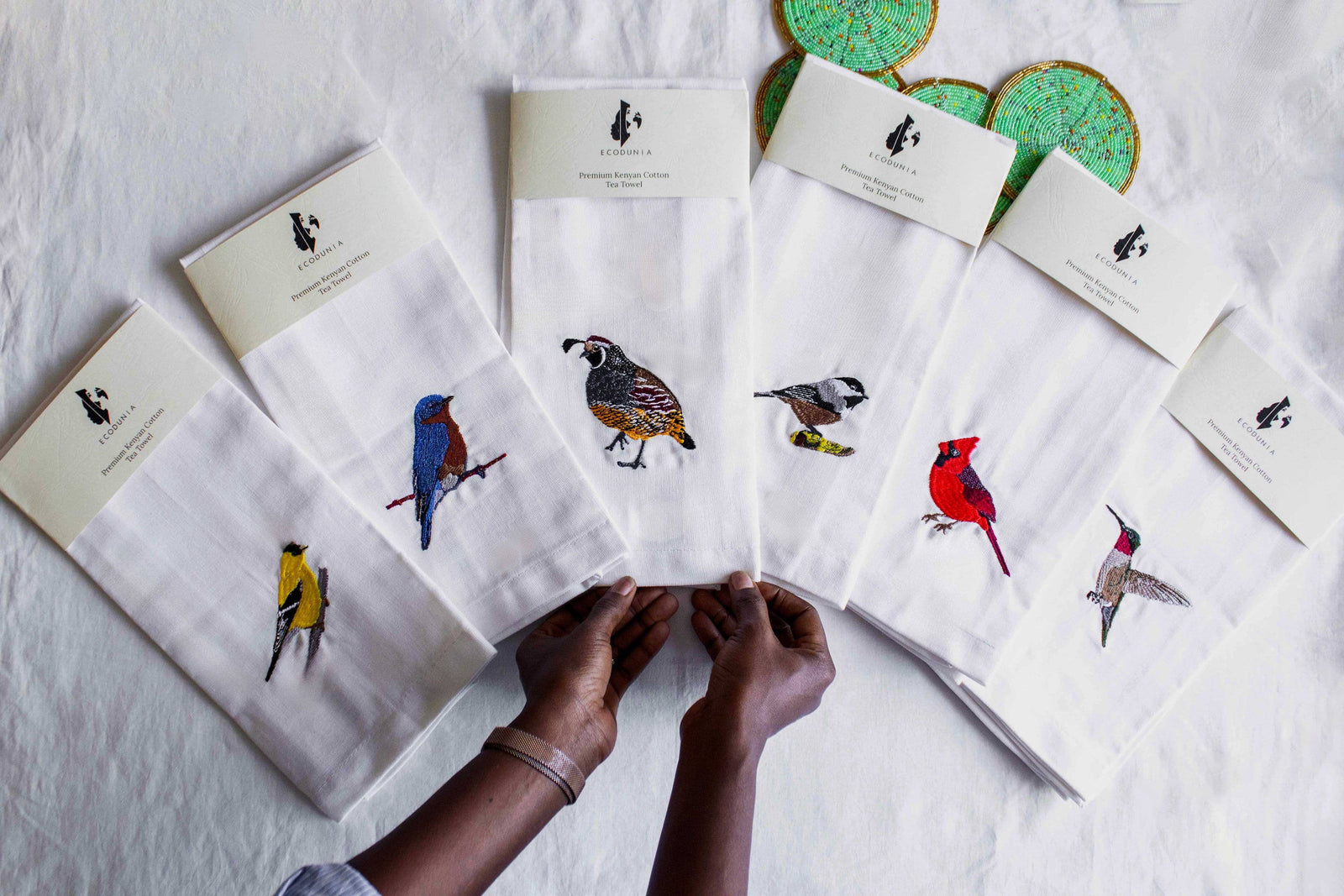 100% Cotton Kitchen Tea Towels with Bird Embroidery