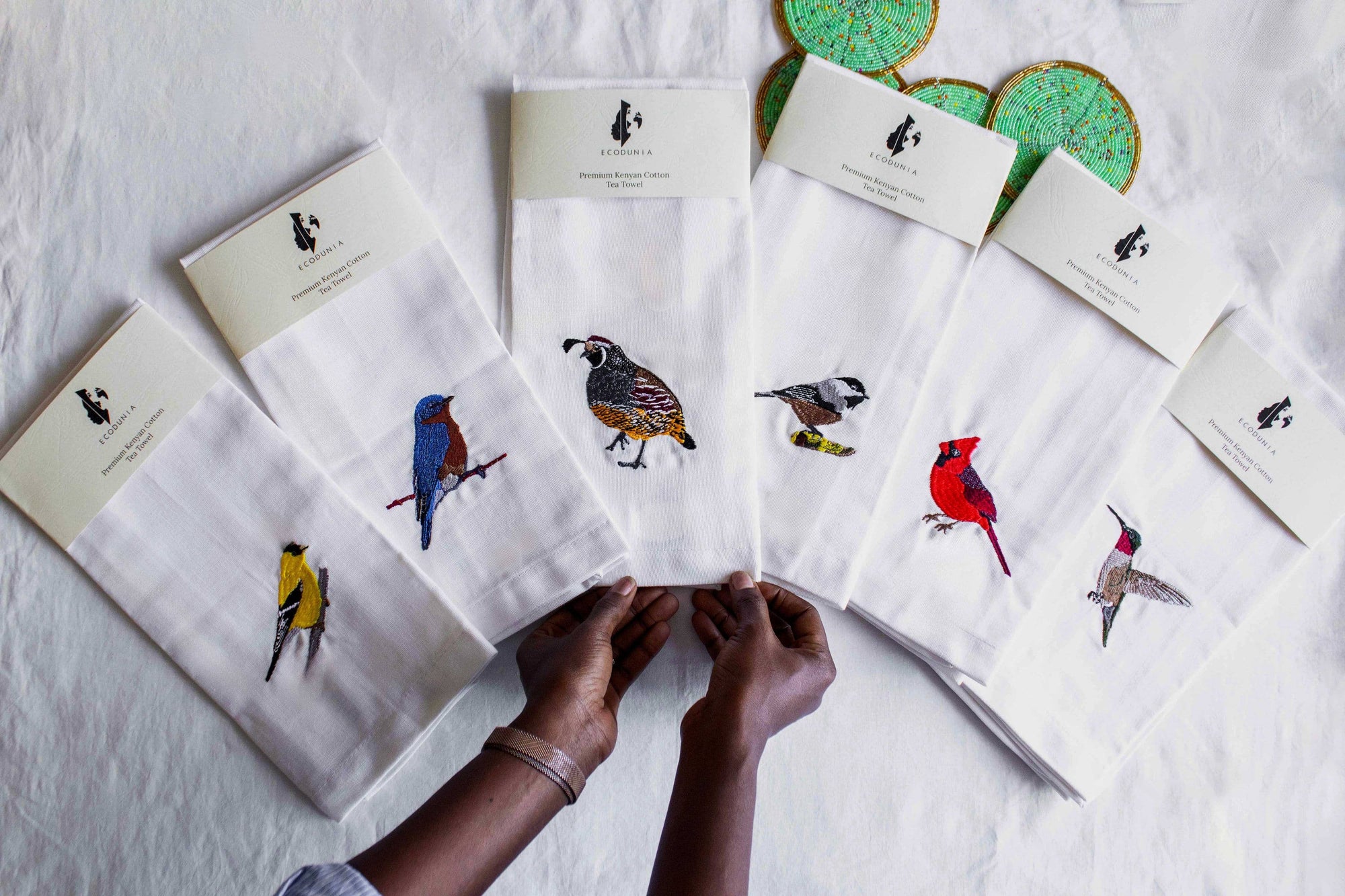 100% Cotton Kitchen Tea Towels with Bird Embroidery