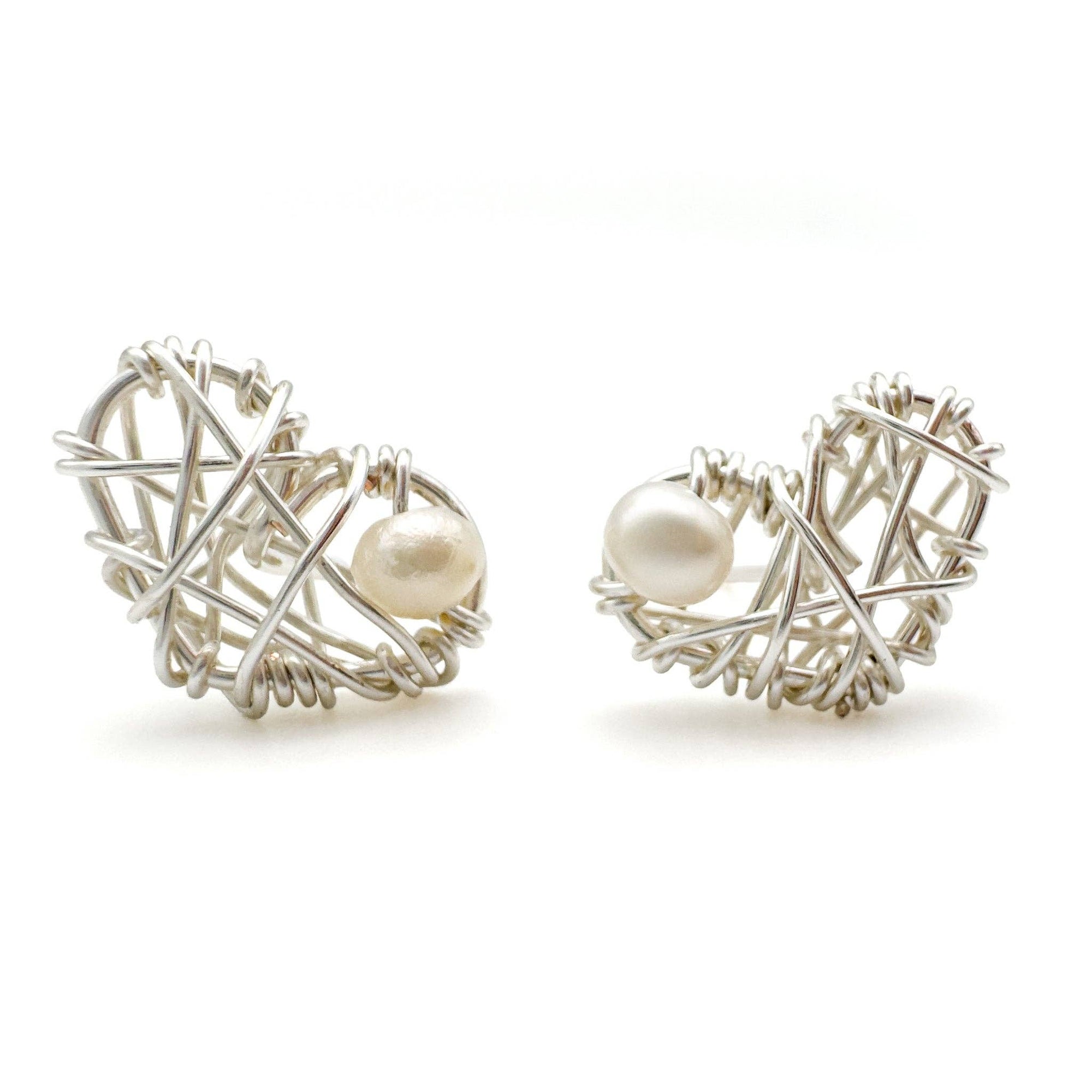 Dear Heart silver wire and pearl stud earrings