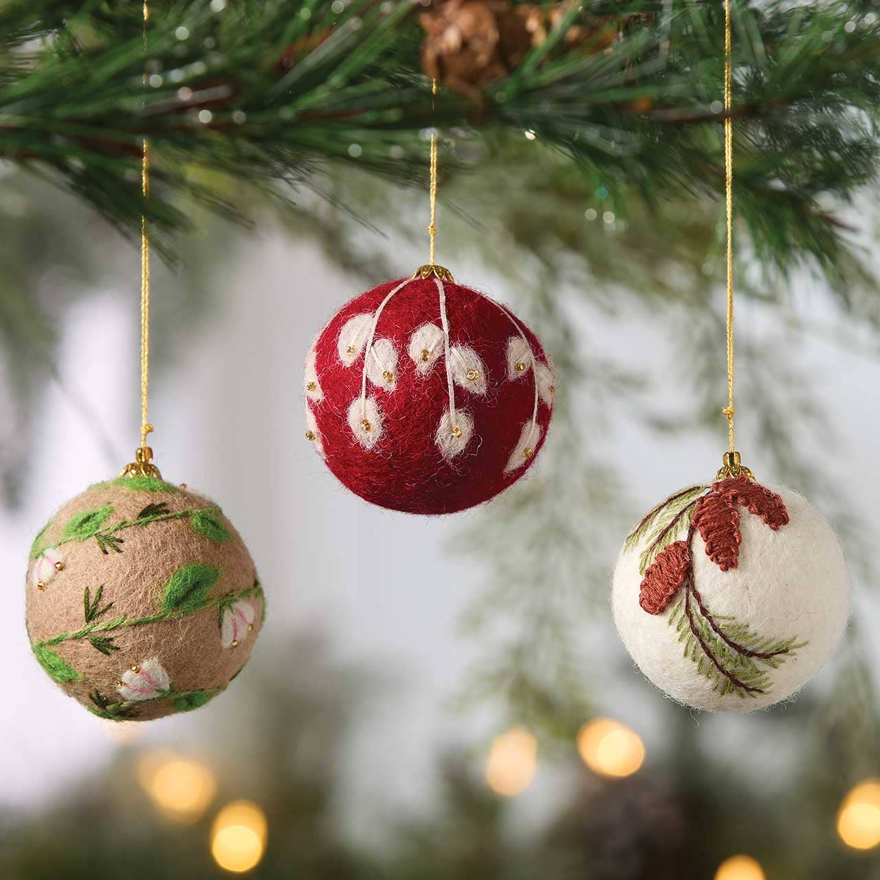 Winter Felted Ball Christmas Ornaments - Set of 3