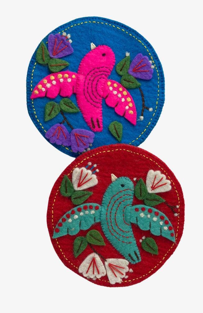 Colorful Hand Crafted Bird &amp; Flower Design Felt Trivet