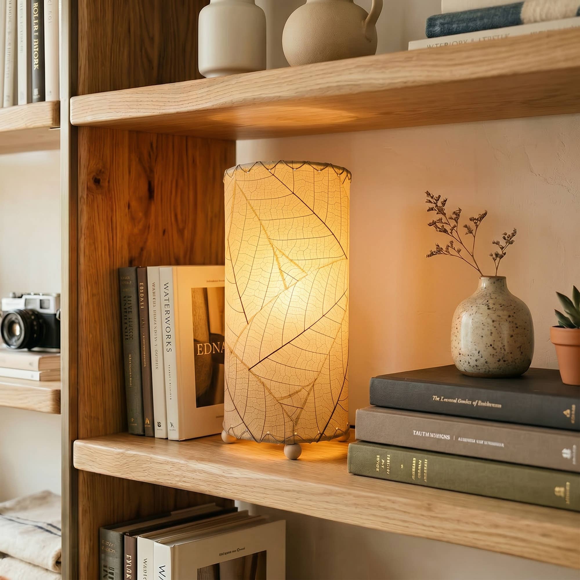 12 Inch Cocoa Leaf Cylinder Lamp Natural, Shade Real Leaves
