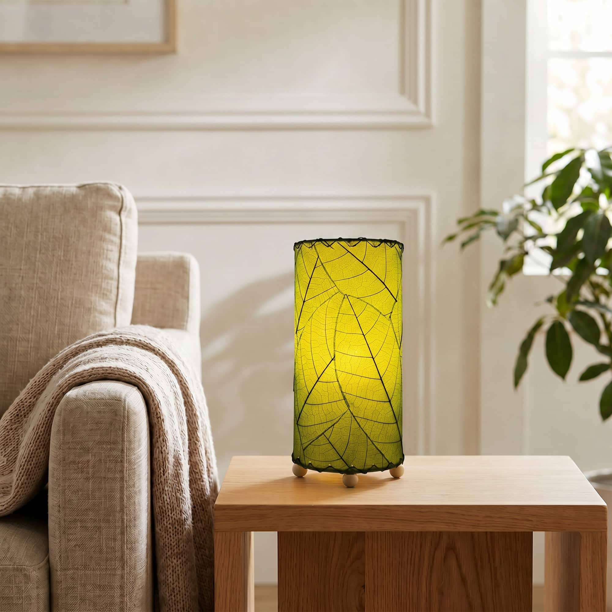 12 Inch Cocoa Leaf Cylinder Lamp Green, Shade Real Leaves