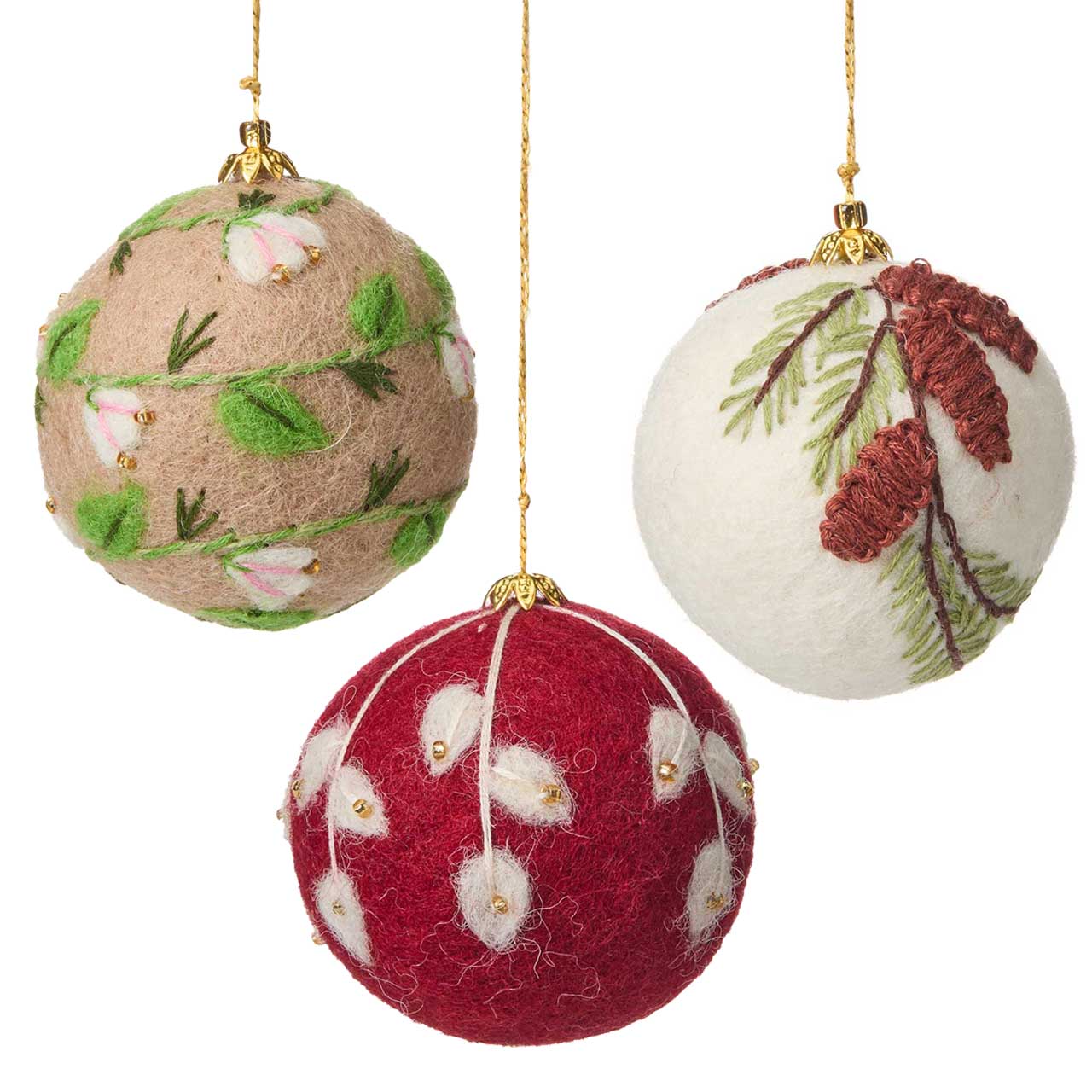 Winter Felted Ball Christmas Ornaments - Set of 3