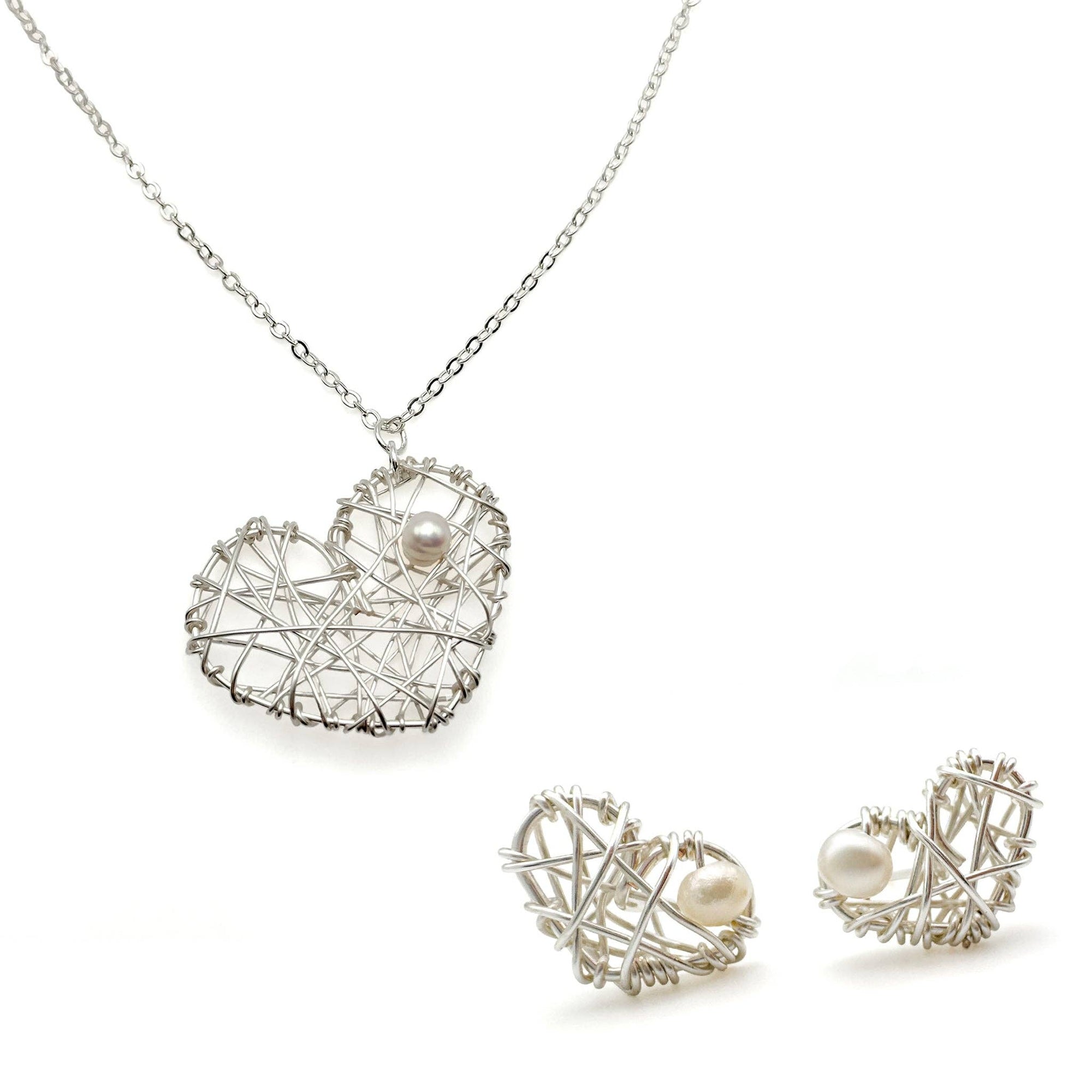 Dear Heart silver wire and pearl stud earrings