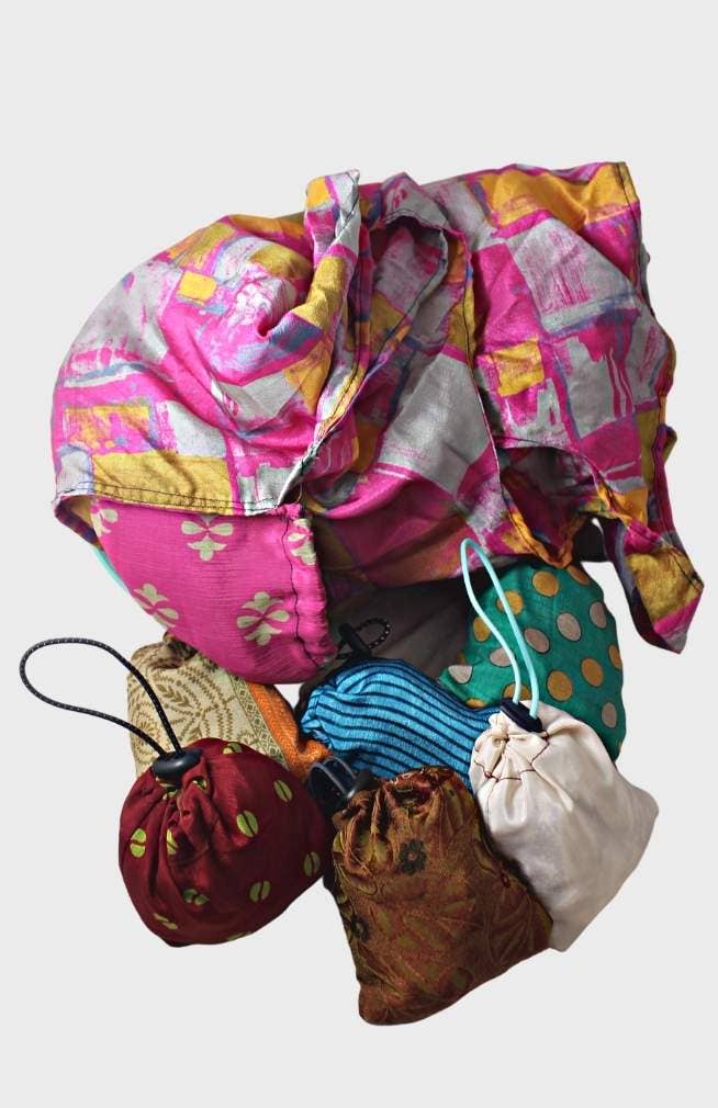 Hand Crafted Recycled Silk Sari Stuffable Tote Shopping Bag
