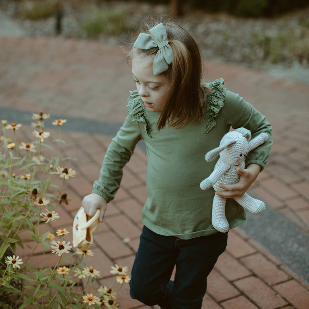 Organic Bunny Baby Rattle – Cream with Teal Belly Spot