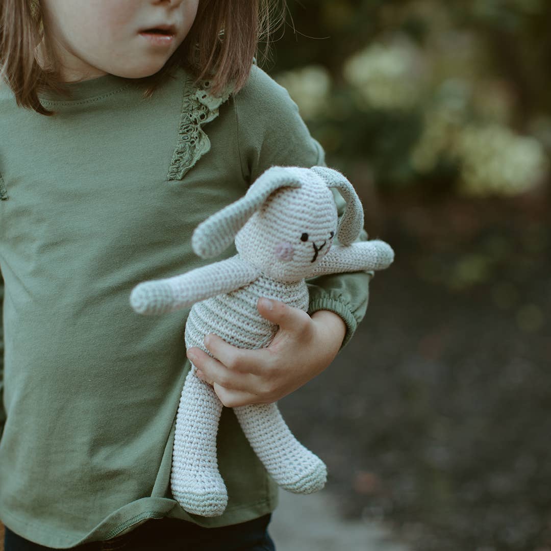 Organic Bunny Baby Rattle – Cream with Teal Belly Spot