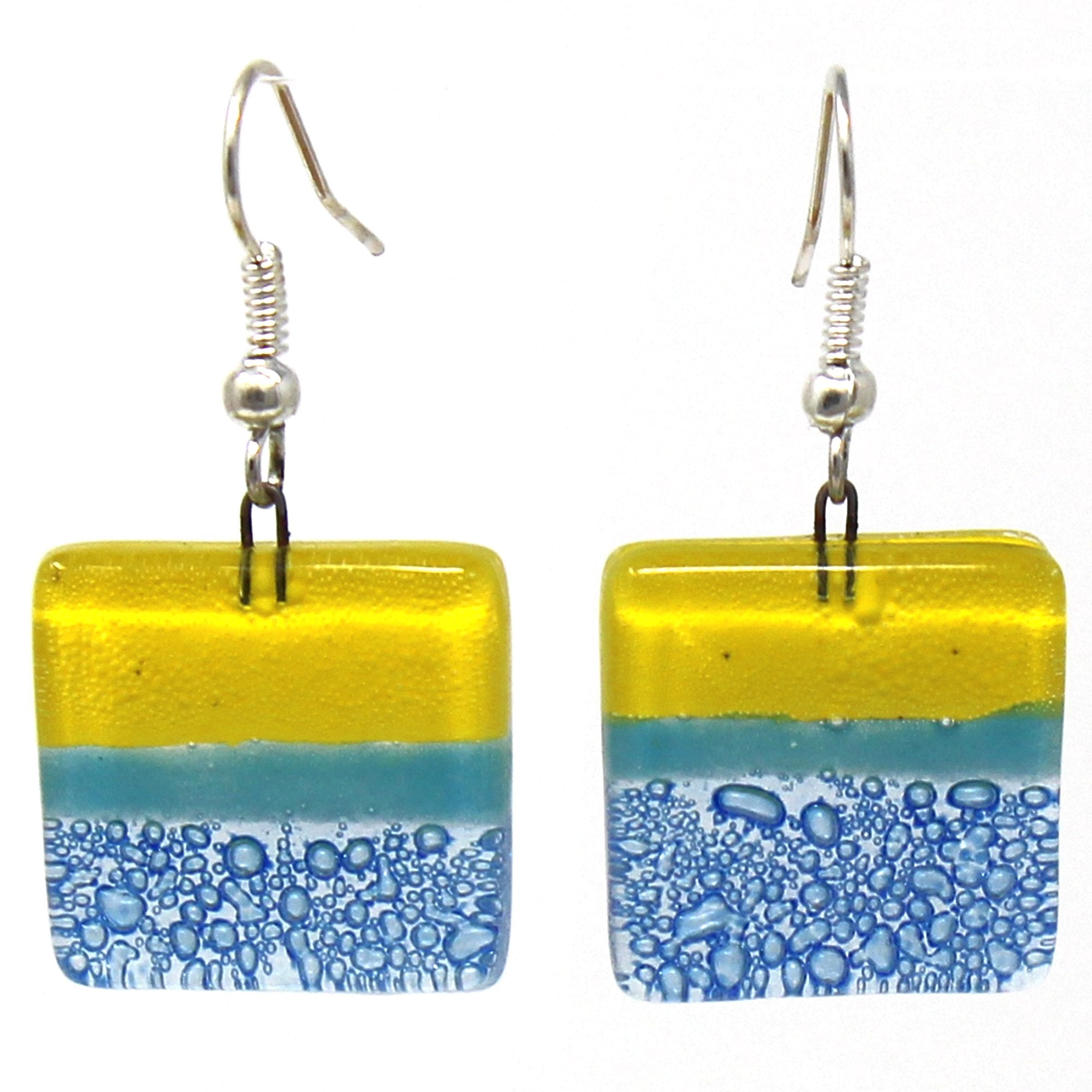 Square Glass Dangle Earrings, Yellow & Blue - Tili Glass