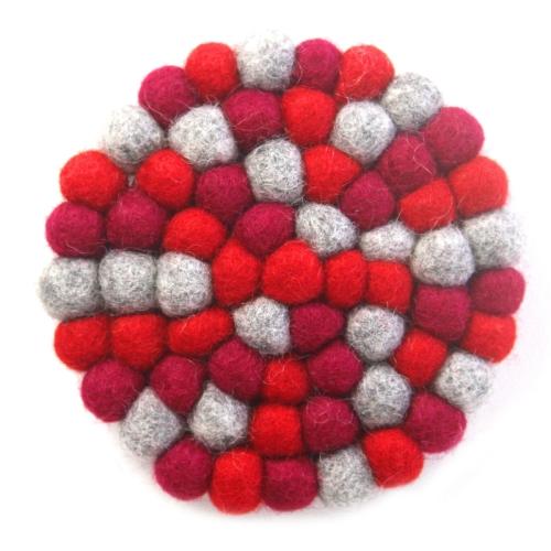 Hand Crafted Felt Ball Trivets from Nepal: Round Chakra, Reds - Global Groove (T)