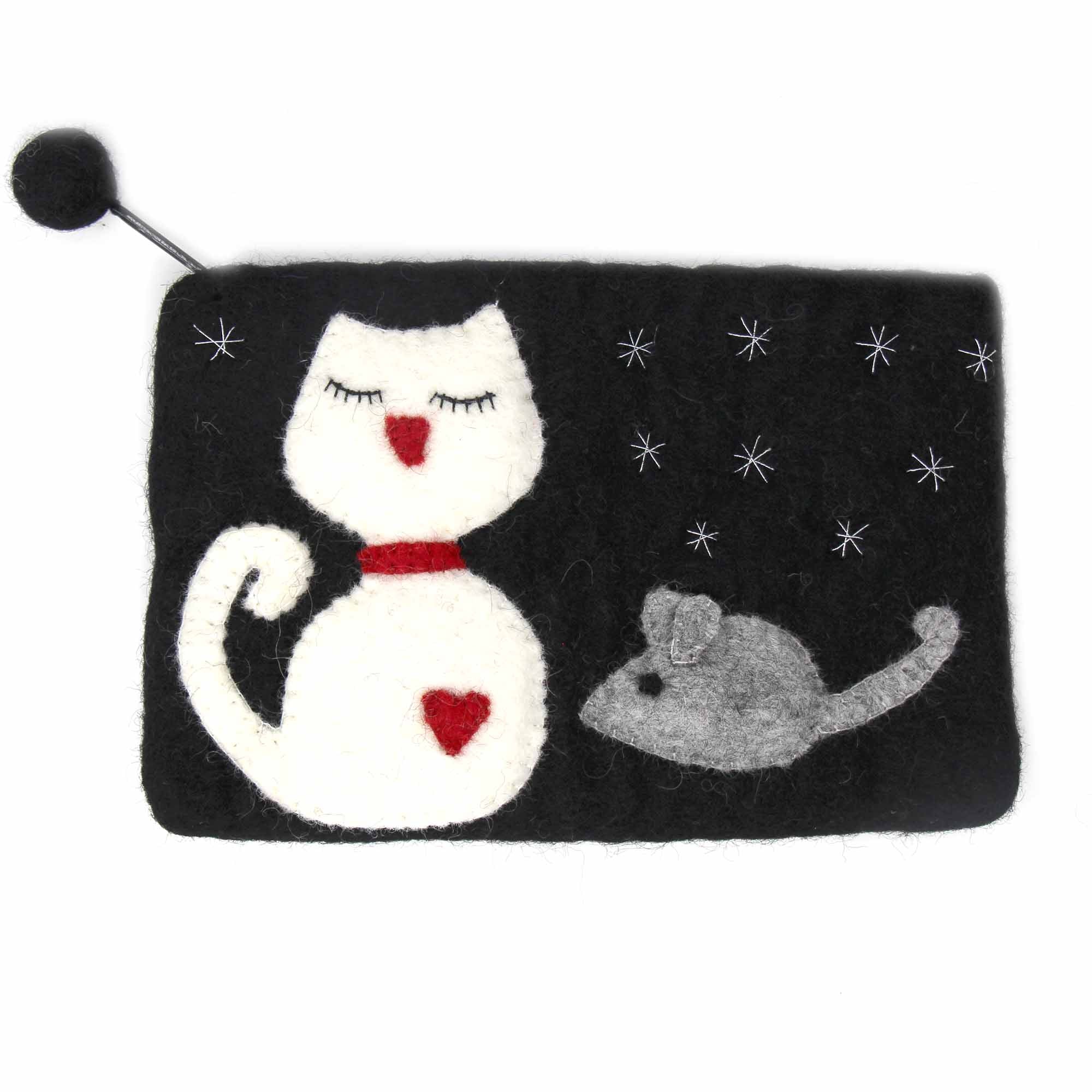 Hand Crafted Felt: White Cat Pouch