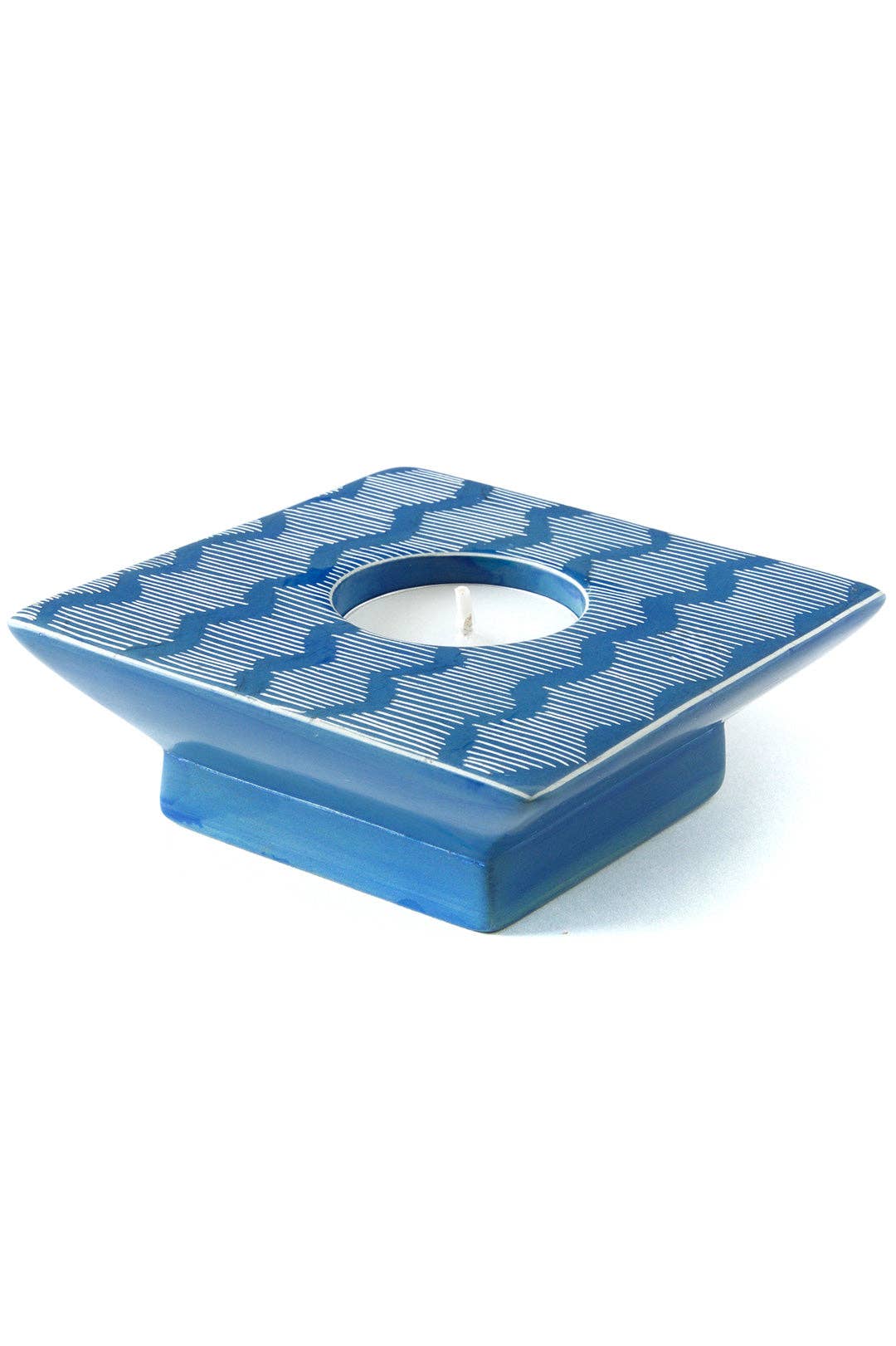 Blue Fine Line Square Soapstone Tea Light Candle Holder