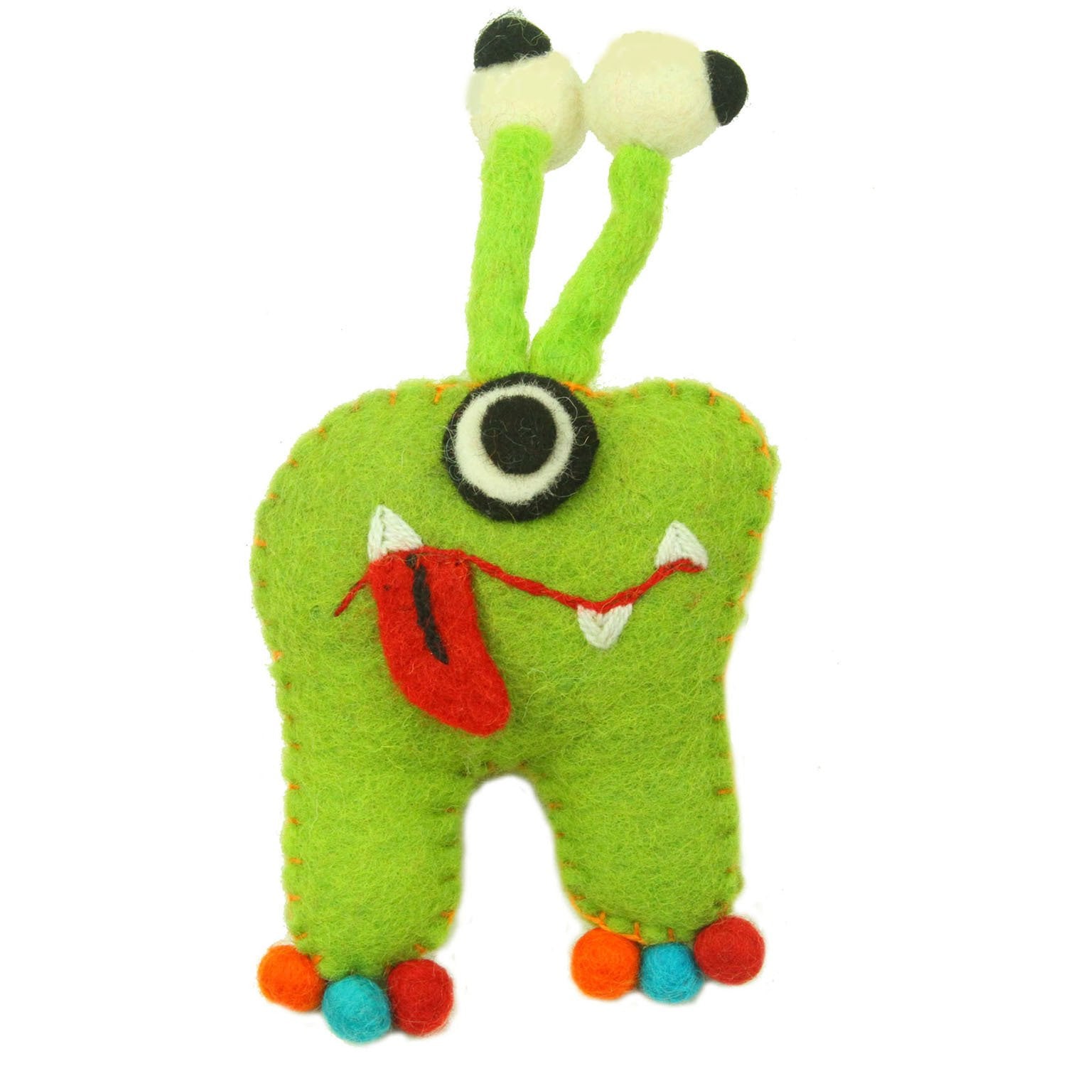 Hand Felted Green Tooth Monster with Bug Eyes (IS)