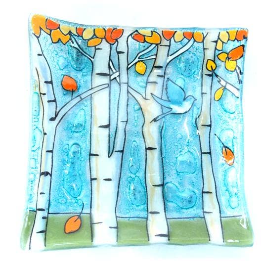 Birch Tree & Bluebird Small Dish - Recycled Glass