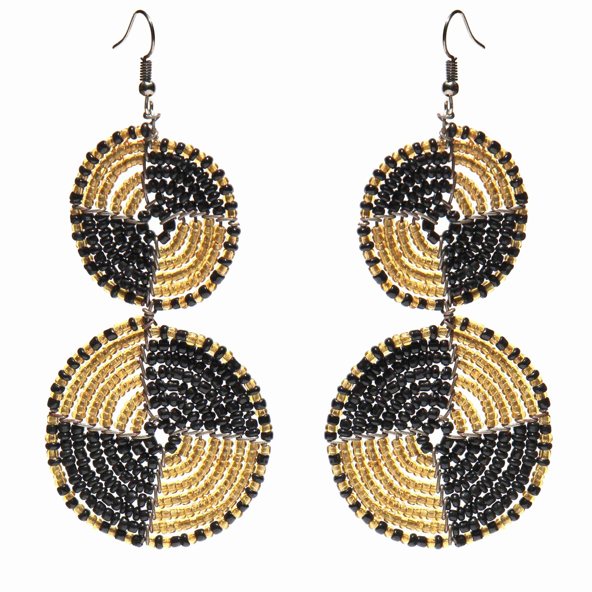 Maasai Bead Double Circle Dangle Earrings, Gold and Black