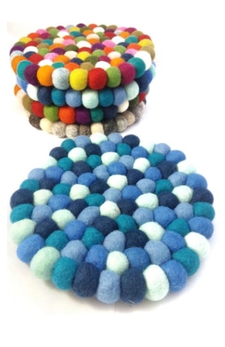 Handcrafted Felt Ball Trivet from Nepal: Round Lake Michigan Blues or bright multi